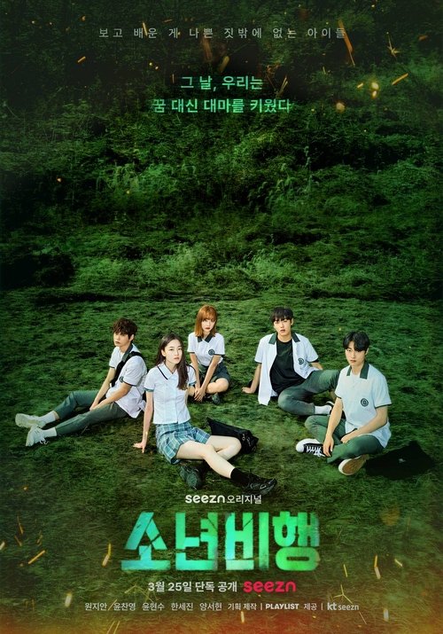 The poster features a group of seven young people sitting on a grassy field, surrounded by lush green trees and foliage. The scene exudes a peaceful, natural mood with soft lighting and vibrant greens. The title "소신비방" is prominently displayed in bold green letters at the bottom, suggesting a ble...
