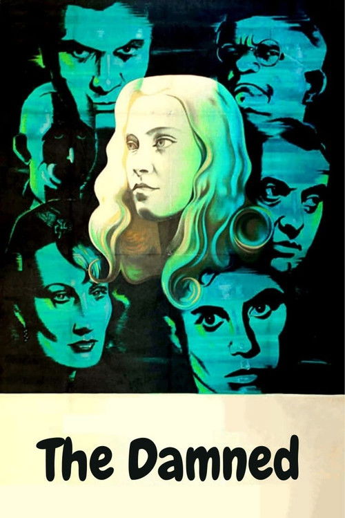 This poster features a striking collage of faces in shades of green and teal, creating a moody and mysterious atmosphere. The central figure of a woman with long blonde hair stands out, surrounded by other characters' faces that suggest a narrative of intrigue and mystery. The title "The Damned" ...