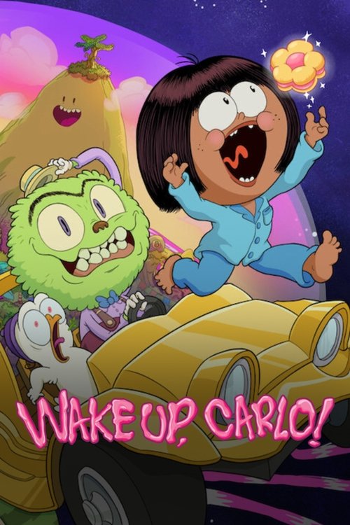 This vibrant poster features a cheerful cartoon scene with a girl in a blue outfit and a green monster character, both smiling against a colorful sky. The playful mood is enhanced by the bright yellow car and the whimsical title text, capturing the fun and energetic spirit of the show.