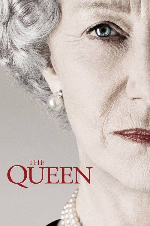 The poster features a close-up of an elderly woman with gray hair and piercing blue eyes, exuding elegance and authority. The deep red title "THE QUEEN" stands out against the soft, muted background, creating a dramatic and regal mood.