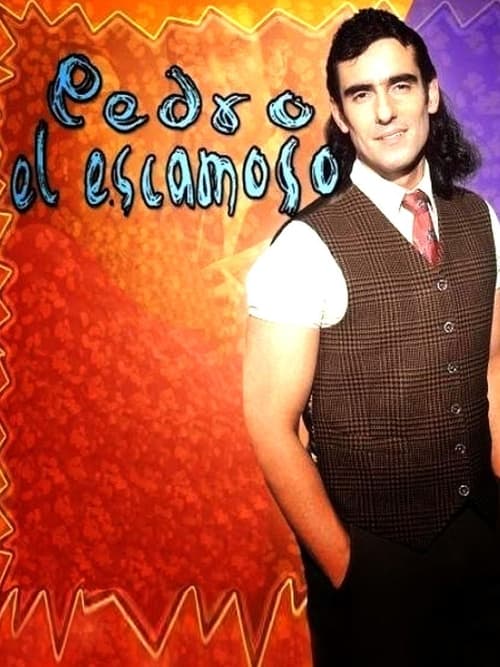 The poster features Pedro El Escamoso in a stylish brown vest against a vibrant red background. The title "Pedro El Escamoso" is prominently displayed in a playful, glowing font. The overall mood is energetic and inviting, capturing the essence of a classic flamenco performance.