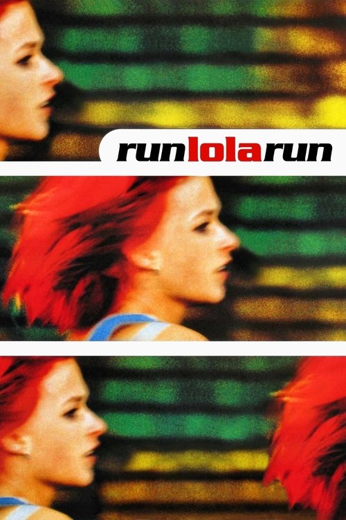 The poster features a woman with vibrant red hair in three frames, each capturing her profile against a blurred, colorful background. The bold "runlola run" logo dominates the center, evoking speed and energy. The dynamic composition and vivid colors suggest an action-packed adventure, promising ...