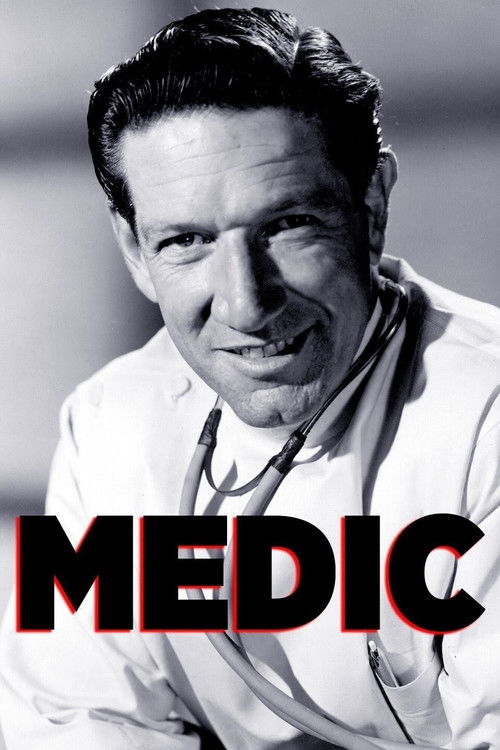 The poster features a black-and-white portrait of a man in a medical uniform, exuding professionalism and trustworthiness. The bold red "MEDIC" text overlays the image, emphasizing the show's name. The overall mood is serious yet inviting, suggesting a blend of clinical expertise and heartfelt st...