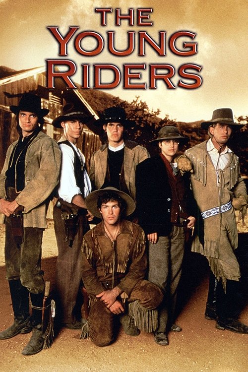 The poster features a group of young cowboys in rugged, earthy tones against a warm, sunlit backdrop. The central figure kneels in front, exuding a sense of camaraderie and youthful energy, while others stand behind him, all dressed in period-appropriate western attire. The overall mood is advent...
