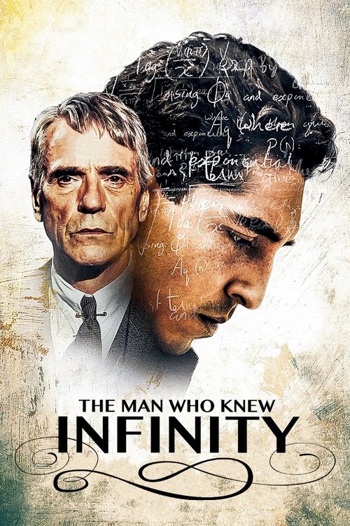 The poster features a dramatic close-up of two men, one with a stern expression and the other with a more intense gaze, set against a textured, sepia-toned background. The title "The Man Who Knew Infinity" is prominently displayed in bold, elegant lettering, evoking a sense of mystery and intrigu...