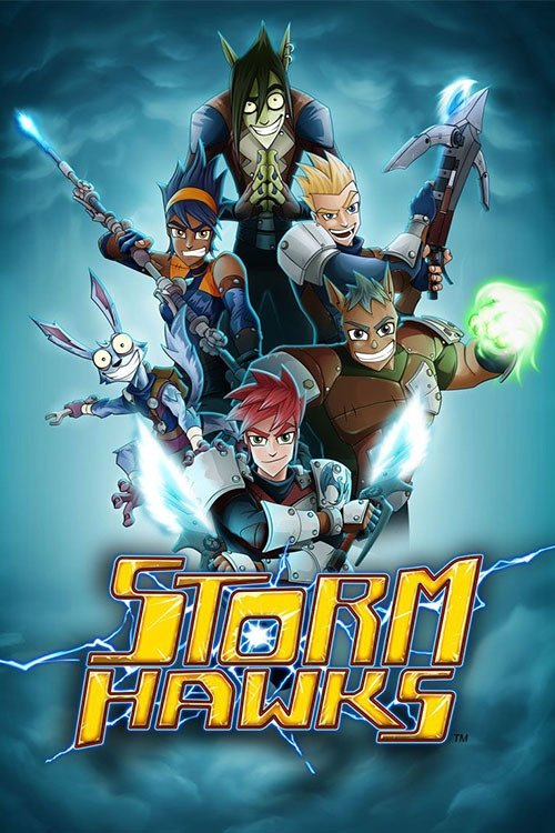 The poster features a dynamic scene with six characters in action poses against a stormy blue background. The characters are dressed in colorful, futuristic outfits, suggesting a sci-fi or fantasy setting. The title "Storm Hawks" is prominently displayed in bold, glowing yellow letters at the bot...