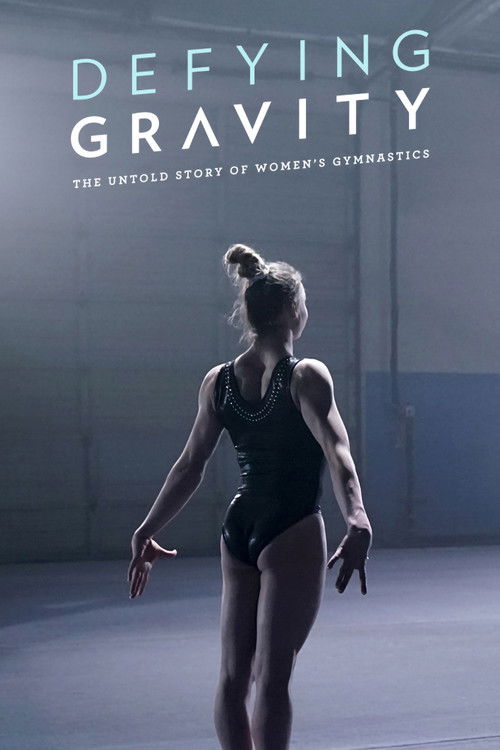 The poster features a gymnast in a black leotard, captured mid-stride with a determined expression, set against a minimalist studio background. The muted blue and white color palette evokes a sense of calm and professionalism, while the bold typography emphasizes the show's focus on women's gymna...