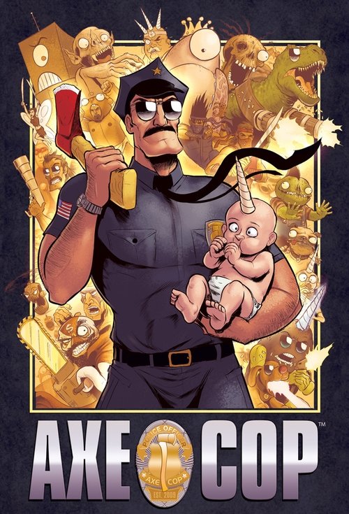 This poster features a muscular man in a black uniform holding a baby, surrounded by golden coins and cartoonish figures. The vibrant colors and playful imagery create a humorous and energetic mood.