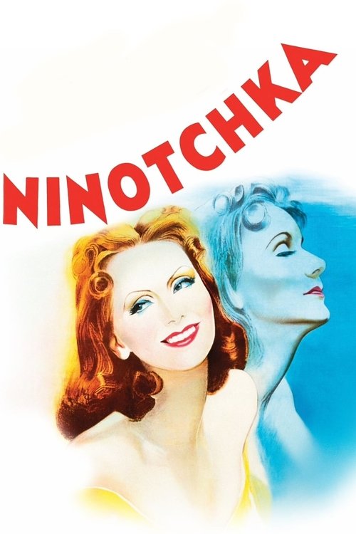 The poster features a glamorous woman with red hair and a serene smile, set against a dreamy blue background. The title "NINOTCHKA" is boldly displayed in red letters, evoking a sense of mystery and allure.