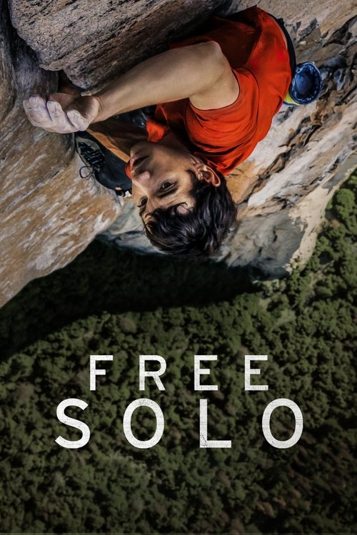 A climber in an orange shirt and blue harness ascends a rugged cliff face, their determined expression and focused grip conveying the intensity of the sport. The bold, white text "FREE SOLO" anchors the image, emphasizing the extreme nature of the challenge.