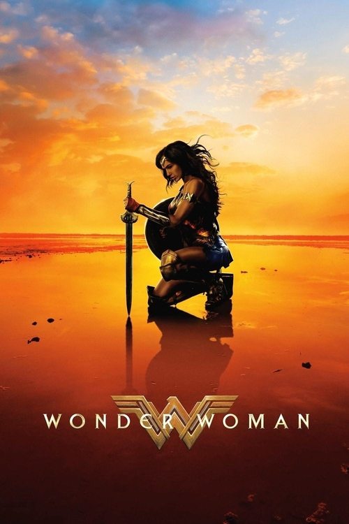 The poster features Wonder Woman kneeling on a reflective beach at sunset, silhouetted against a vibrant orange sky. Her golden armor glows softly, and the iconic "Wonder Woman" logo anchors the bottom. The serene yet powerful mood evokes a sense of strength and resilience.