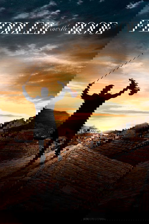 The poster features a silhouetted figure of a man with a fiddle, standing on a cobblestone street under a dramatic sunset sky. The warm orange and yellow hues of the sunset contrast with the dark silhouette, evoking a sense of mystery and nostalgia. The title "Fiddler on the Roof" is prominently ...