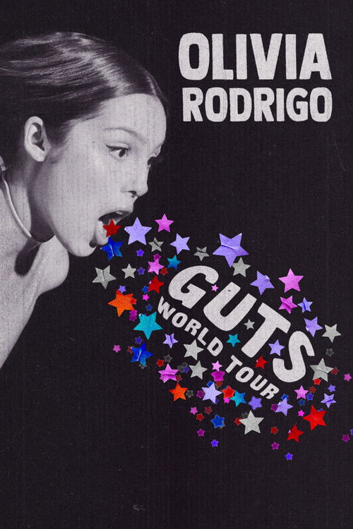 The poster features a striking black-and-white portrait of Olivia Rodrigo, her expression intense and captivating. The title "GUTS" is boldly displayed in white, surrounded by colorful stars in red, blue, and purple, creating a dynamic and energetic visual. The overall mood is one of excitement a...