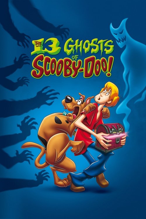 The 13 Ghosts of Scooby-Doo poster features Scooby-Doo and Shaggy running through a spooky, blue-toned scene with floating ghosts. Scooby-Doo wears a red shirt and blue jeans, while Shaggy sports a red shirt and blue jeans. The poster uses dark blues and reds to create a mysterious, eerie atmosph...