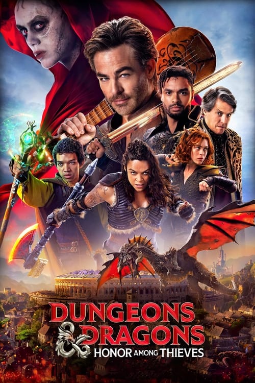 The poster features a dramatic scene with characters in action poses, surrounded by vibrant colors like reds, greens, and golds. The mood is adventurous and heroic, suggesting a thrilling journey through fantasy realms.