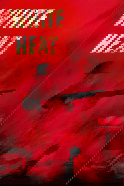 The poster features a silhouette of a man in a top hat, holding a rifle, set against a fiery red background. The title "WHITE HEAT" is prominently displayed in bold, distressed white letters. The overall mood is intense and suspenseful, evoking themes of danger and action.