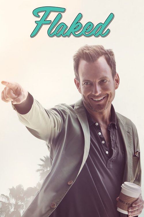 The poster features a cheerful man in a casual outfit pointing excitedly, holding a coffee cup. The vibrant turquoise text "Flaked" stands out against the soft, warm background. The overall mood is lighthearted and fun, capturing the essence of a fun-filled summer day.