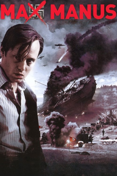 The poster features a man in a white shirt and dark vest, looking intense against a backdrop of war-torn landscapes. The colors are muted, dominated by grays, browns, and dark tones, conveying a somber and gritty atmosphere. The title "MAX MANUS" is prominently displayed in bold red letters at th...