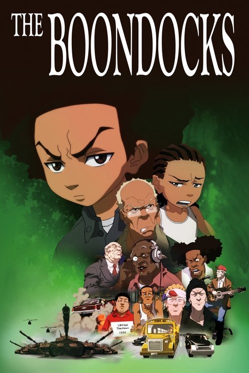 The Boondocks poster features a group of animated characters against a dark green background, with one prominent character in the foreground. The characters display serious expressions, and the overall mood is intense and dramatic.