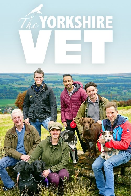 The Yorkshire Vet poster features a group of six men posing outdoors in a scenic Yorkshire landscape, each holding a dog. The warm earthy tones of the clothing and the lush greenery create a cozy, inviting mood. The bold white text "The Yorkshire Vet" stands out against the natural backdrop, emph...