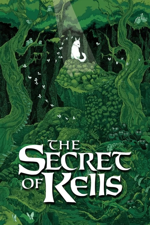 The poster features a mystical forest scene with a white cat perched on a mossy rock, surrounded by towering green trees and vines. The title "The Secret of Kells" is prominently displayed in elegant, gothic-style lettering at the bottom. The overall mood is enchanting and mysterious, evoking a s...