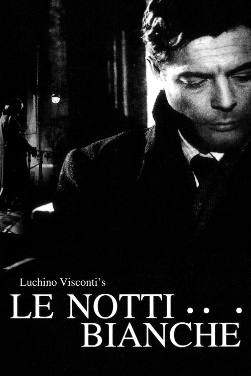 The poster features a moody, dimly lit scene with a man in a dark suit, evoking suspense and mystery. The title "Le Notti Bianche" is prominently displayed in bold, white text against the dark background, creating a striking contrast that hints at the film's thriller genre.
