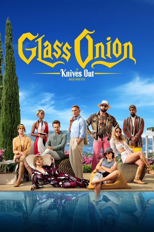 This movie poster features a group of diverse characters lounging by a poolside, exuding a relaxed yet mysterious vibe. The vibrant colors and sunny backdrop suggest a fun, adventurous mystery.
