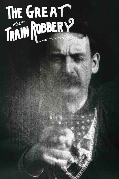 The poster features a gritty, moody black-and-white image of a man with a mustache, holding a gun, evoking a sense of danger and suspense. The title "The Great Train Robbery" is written in a stylized, distressed font, adding to the film's ominous tone.