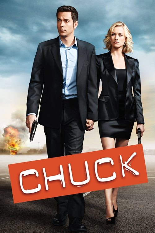 The poster features Chuck and Tracy walking hand in hand, holding pistols against a dramatic sky. The bold red "CHUCK" title dominates the foreground, while the fiery background suggests action and danger. The mood is tense and suspenseful, hinting at a thrilling crime drama.