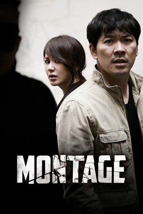 The poster features a tense scene with a man in a beige jacket and a woman in a dark jacket, both looking serious. The muted tones and shadowy figure create a suspenseful atmosphere. The bold "MONTAGE" text adds a dramatic, fragmented feel to the image.