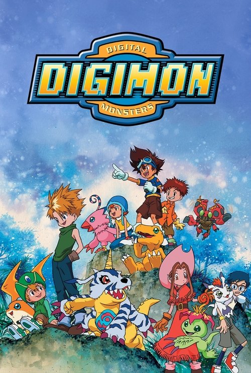 The poster features a vibrant scene with Digimon characters in dynamic poses against a bright blue sky. The colors are vivid, with greens, blues, and purples creating a lively atmosphere. The mood is energetic and adventurous, capturing the excitement of the Digimon universe.