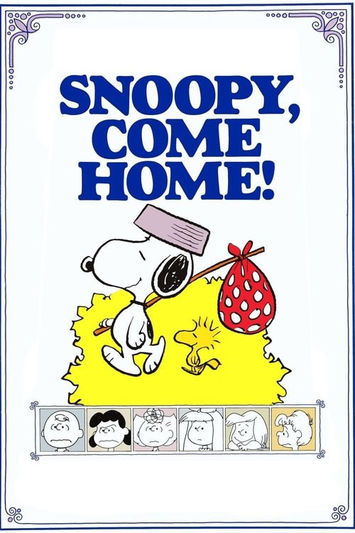 The poster features Snoopy with a red polka-dotted hat, surrounded by a cheerful yellow background. Below, five smaller images depict various characters, suggesting a family or group setting. The bold blue text announces the movie's title, conveying a playful and inviting mood.
