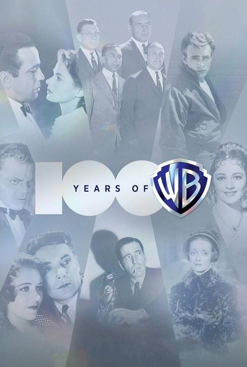 The poster features a collage of iconic Warner Bros. characters in vintage black-and-white photos, evoking nostalgia and classic Hollywood charm. The muted blue and white tones create a timeless, nostalgic atmosphere, while the bold "100 YEARS OF" text anchors the image in the iconic studio history.