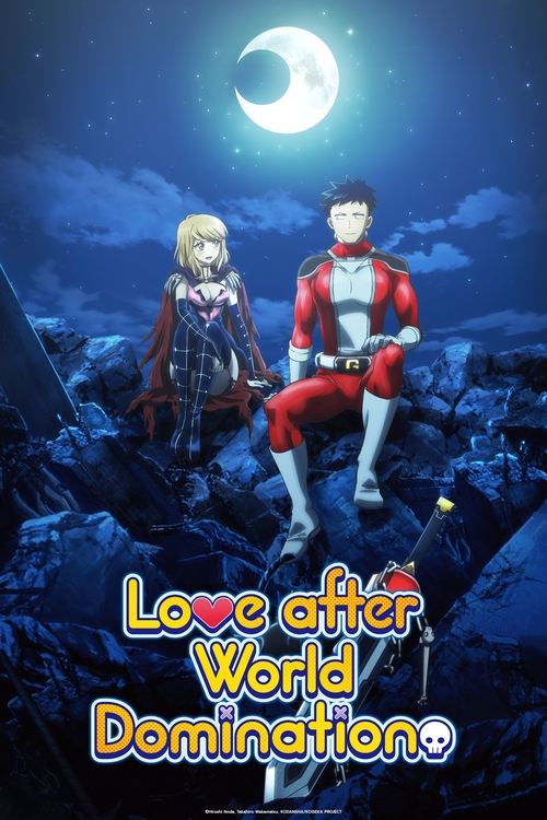 The poster features two characters against a starry night sky with a crescent moon, evoking a mysterious and romantic atmosphere. The characters are dressed in vibrant red and black outfits, standing on a rocky terrain. The title "Love After World Domination" is prominently displayed in colorful,...