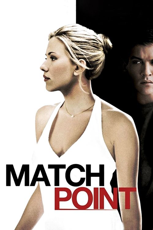 The poster features a woman in a white tank top with blonde hair tied back, her expression serious and determined, while a man in a black suit stands behind her, his face partially obscured. The bold red and black text "MATCH POINT" dominates the lower portion, emphasizing the competitive nature ...