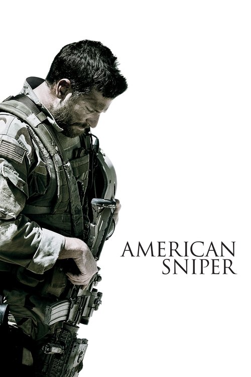 The poster features a soldier in tactical gear, holding a rifle, set against a stark white background. The muted earth tones of his uniform and the gritty texture of the image convey a somber, intense mood. The text "AMERICAN SNIPER" anchors the composition, emphasizing the film's serious tone an...