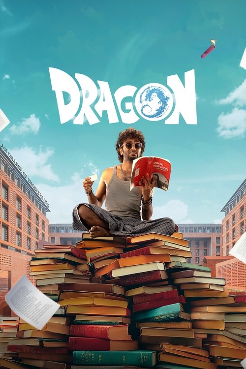 The poster features a young man with curly hair, wearing a white tank top and dark pants, sitting atop a towering stack of books. He holds a red book open in his hands, surrounded by floating books and a red airplane against a bright blue sky. The title "DRAGON" is prominently displayed in bold w...
