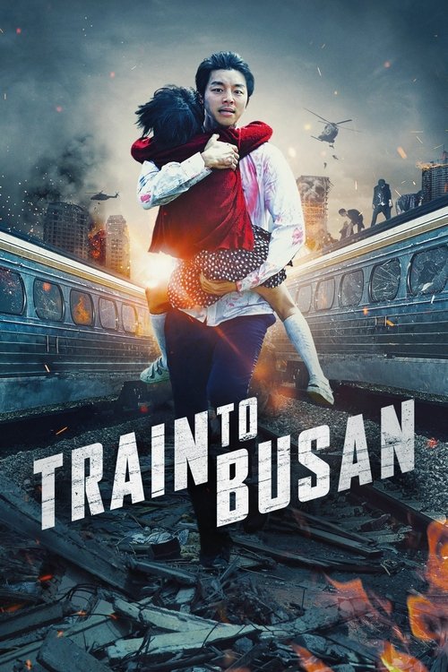 The poster features a determined man in a red vest carrying a woman through a devastated train station, evoking a sense of urgency and resilience. The muted, desaturated tones of the background contrast with the vibrant red of the vest, creating a somber yet hopeful atmosphere.