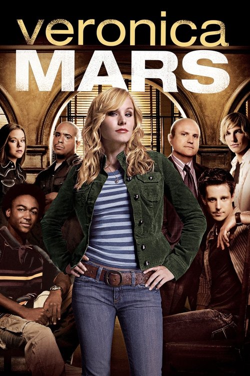 The poster features Veronica Mars in the center, exuding confidence with her hands on her hips, wearing a green jacket over a striped shirt and jeans. Surrounding her are other characters in various poses, suggesting a dynamic group dynamic. The warm, earthy tones and dramatic lighting create an ...