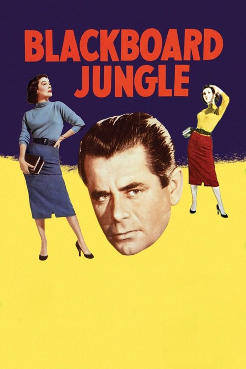 The poster features a classic movie poster design with a large, central portrait of a man in the foreground. Two women stand on either side of him, one in a blue dress and the other in a yellow top and red skirt. The background is divided into a dark blue top and a bright yellow bottom, creating ...