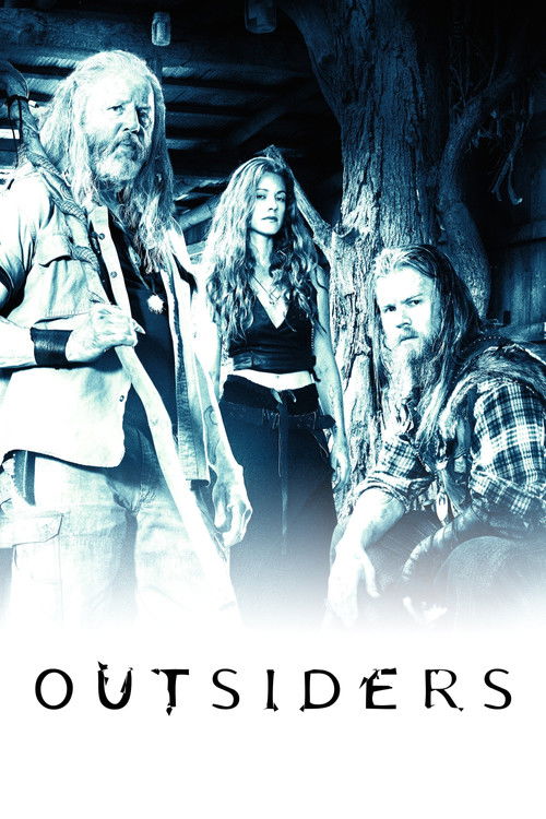 This blue-tinted poster features four characters in a dimly lit, eerie forest setting, evoking a mysterious and suspenseful mood. The title "Outsiders" is prominently displayed at the bottom.