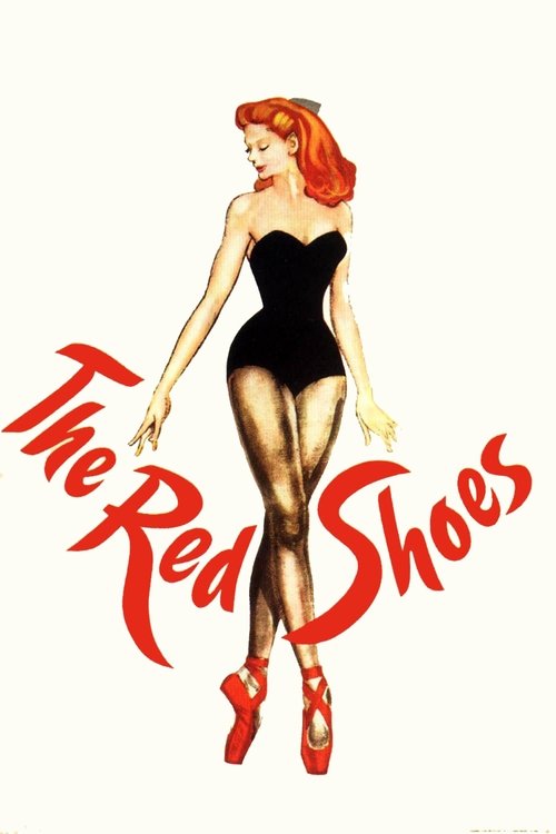 The poster features a glamorous woman in a black bodysuit and red stockings, exuding confidence and elegance. Her vibrant red hair and matching red shoes add a striking contrast against the stark white background. The bold, red title "The Red Shoes" dominates the composition, evoking a sense of p...