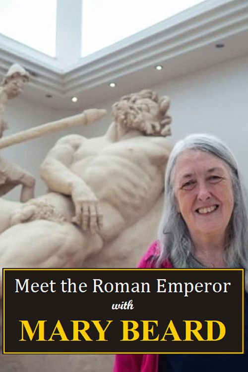 The poster features a smiling woman with gray hair in the foreground, exuding warmth and approachability. Behind her, a classical Roman sculpture of a reclining figure adds historical depth. The warm lighting and elegant color palette create a sophisticated yet inviting atmosphere, suggesting an ...