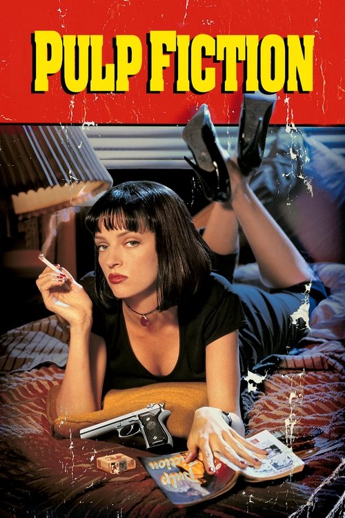 The poster features a woman smoking while lying on a bed, with a gun and cigarette pack nearby. The bold yellow text "PULP FICTION" dominates the red background, creating a gritty, noir atmosphere.