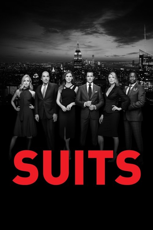 The poster features six elegantly dressed women in black suits against a dramatic, moody cityscape at dusk. The bold red "Suits" text anchors the image, conveying a sense of sophistication and intrigue. The overall mood is mysterious and professional, hinting at the high-stakes drama of the show.