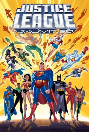 This vibrant poster showcases the Justice League Unlimited, featuring iconic superheroes like Superman, Batman, and Wonder Woman standing confidently in a heroic pose. The dynamic composition with flying action figures and explosive energy bursts creates an energetic and thrilling atmosphere, cap...