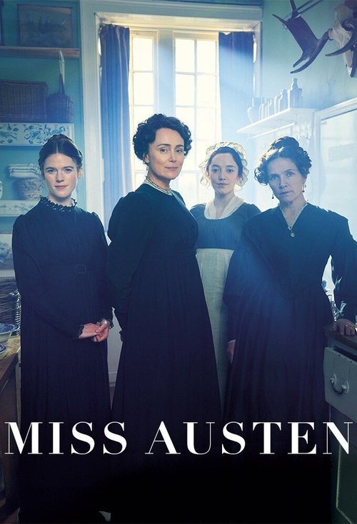 The poster features four elegantly dressed women in dark Victorian-era dresses, standing in a softly lit room with a window and a clock on the wall. The title "MISS AUSTEN" is prominently displayed at the bottom, evoking a sense of timeless drama and historical intrigue.