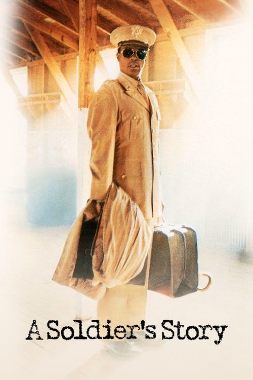 The poster features a soldier in a beige uniform and hat, carrying a suitcase against a warm, sunlit background. The mood is nostalgic and adventurous, with soft lighting and a sense of journey.