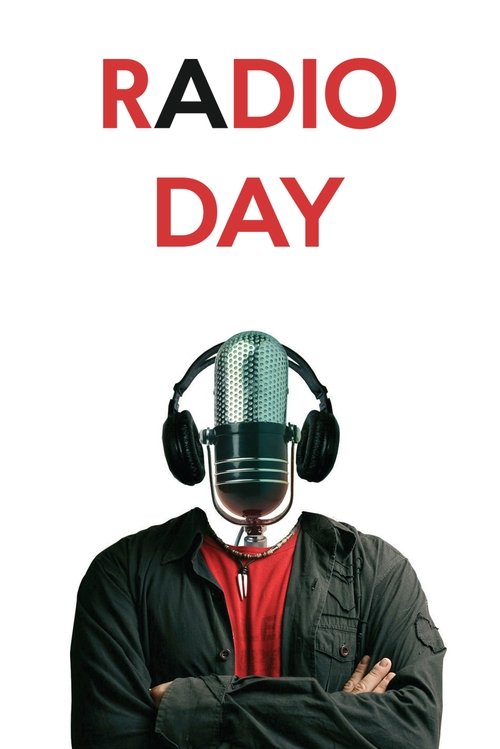 The poster features a person with a helmet and headphones, arms crossed, against a stark white background. The bold red text "RADIO DAY" dominates the top. The image conveys a mysterious, slightly ominous mood with its stark design and central figure.