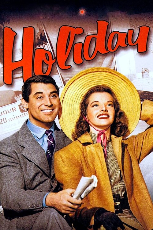 The poster features a cheerful couple in warm tones, with the title "Holiday" prominently displayed in red script. The man in a suit and the woman in a yellow hat exude happiness and warmth, evoking a festive, nostalgic atmosphere.